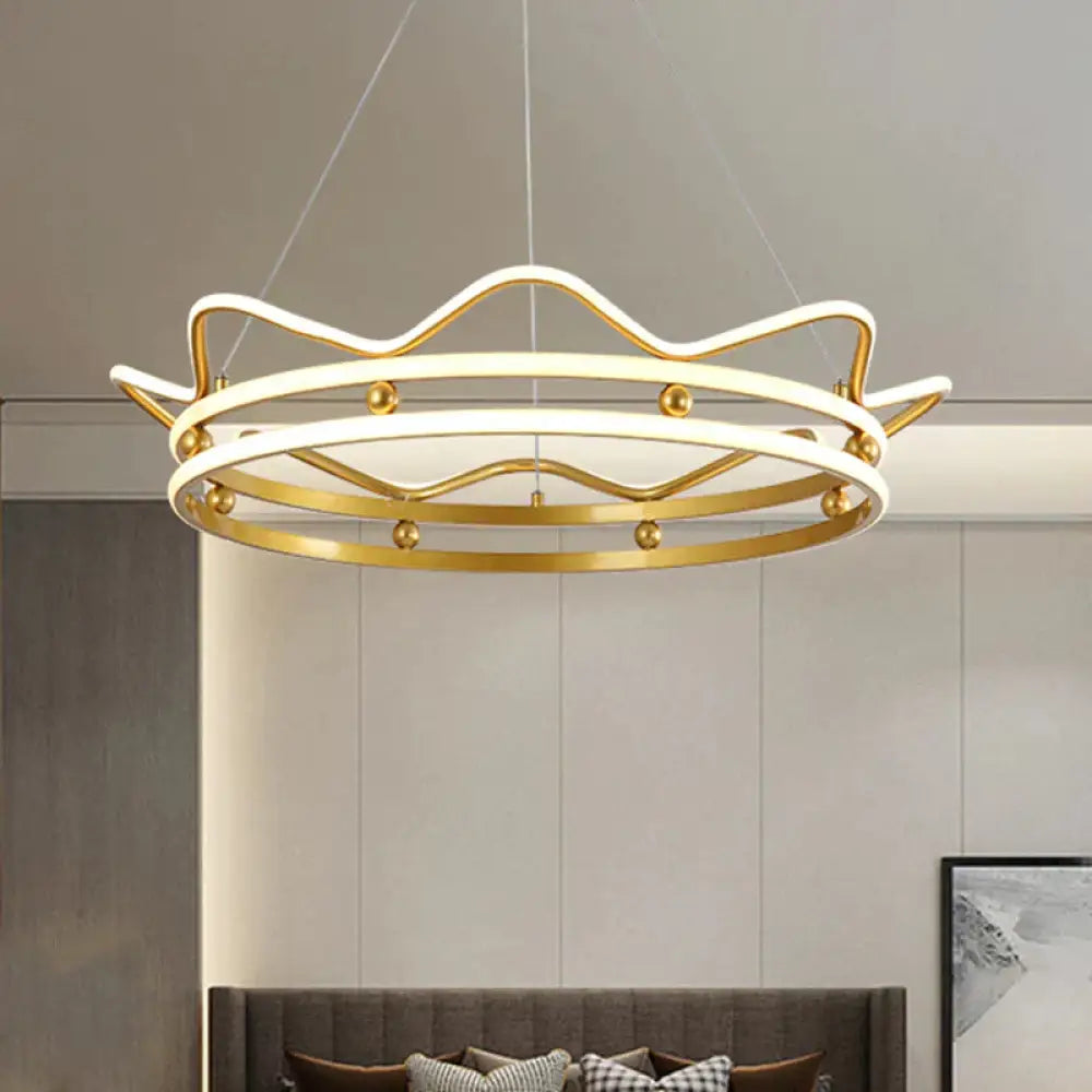 Metal Crown Frame Hanging Light Modernist Led Gold Chandelier Pendant For Bedroom