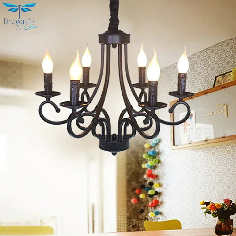 Metal Curly Armed Hanging Chandelier Tradition 6/8 Lights Dining Room Pendant Light Fixture In Black