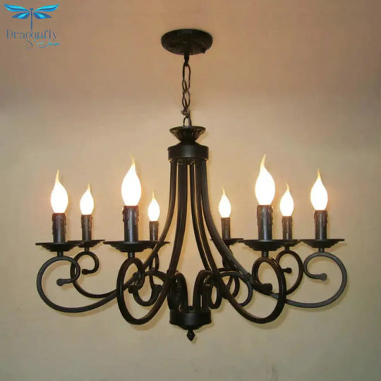 Metal Curly Armed Hanging Chandelier Tradition 6/8 Lights Dining Room Pendant Light Fixture In Black