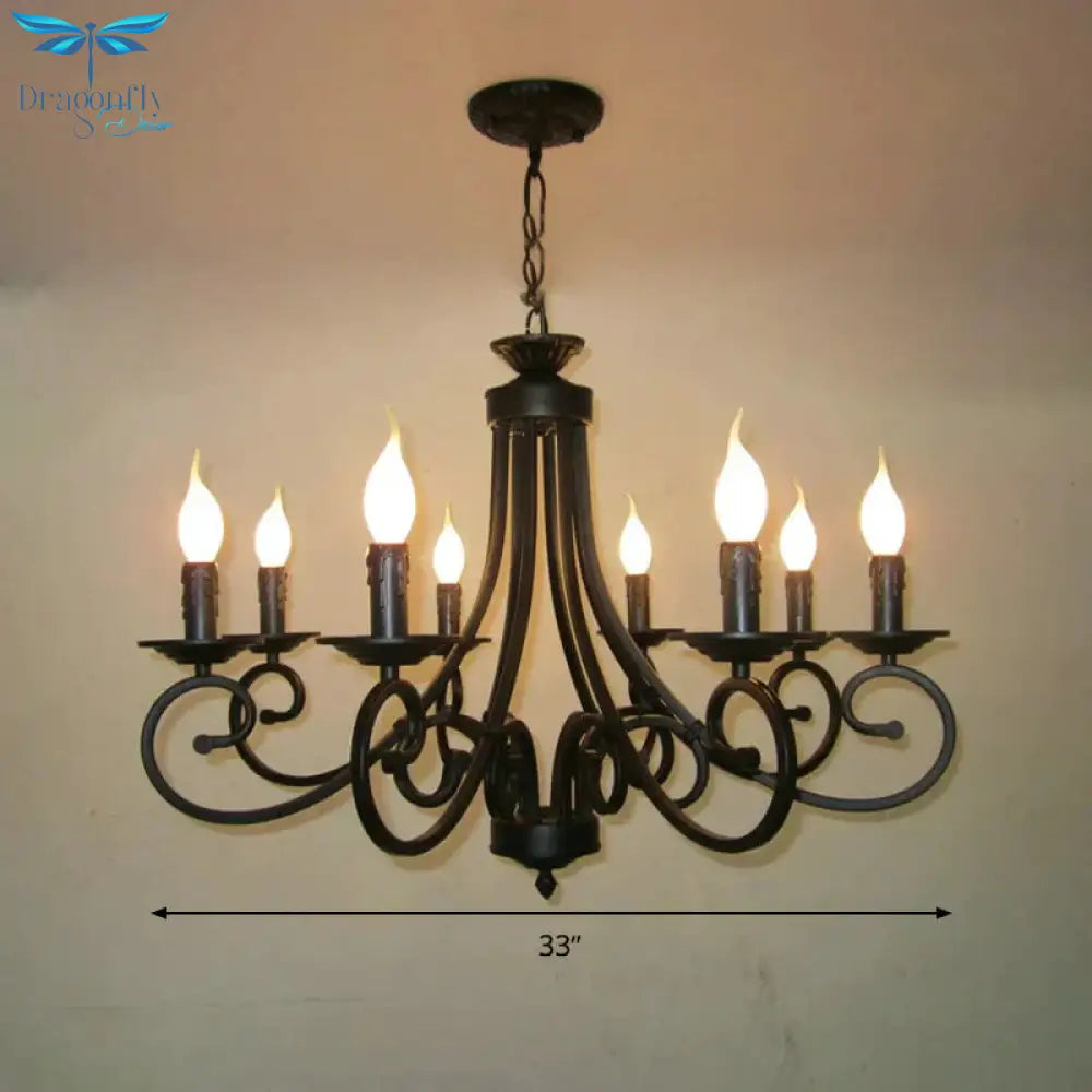 Metal Curly Armed Hanging Chandelier Tradition 6/8 Lights Dining Room Pendant Light Fixture In Black