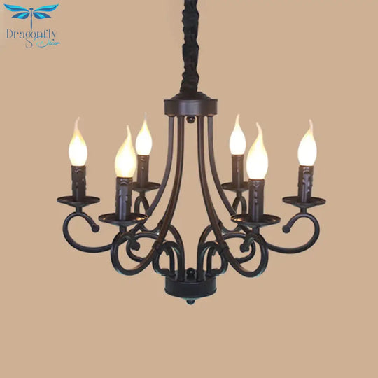Metal Curly Armed Hanging Chandelier Tradition 6/8 Lights Dining Room Pendant Light Fixture In Black