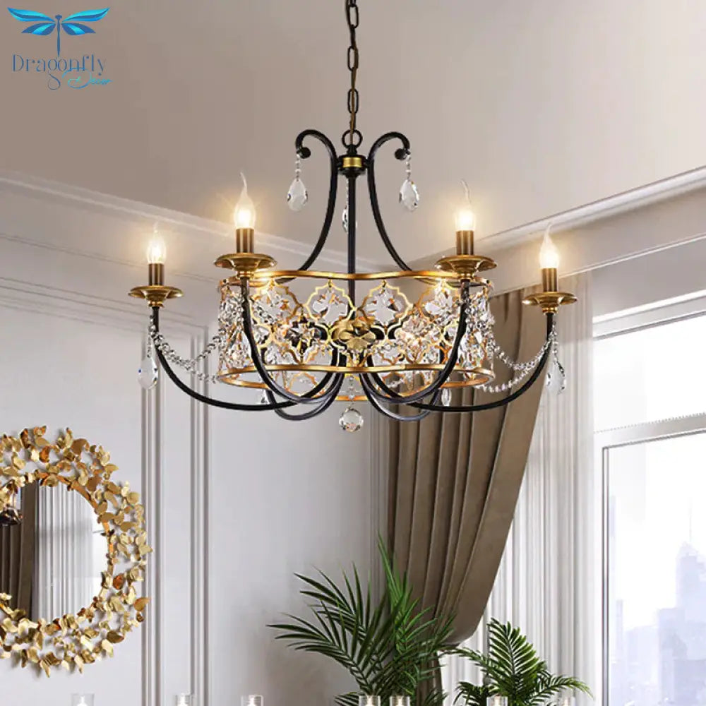 Metal Curved Arm Hanging Chandelier Country 9 Lights Dining Room Pendant Light In Gold