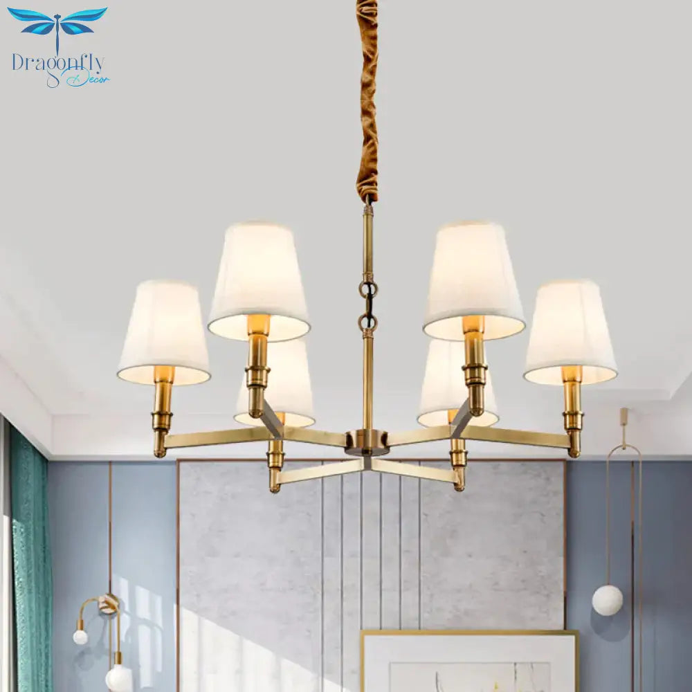 Metal Gold Chandelier Lighting Conical 6/8 - Light Countryside Suspension Pendant With Fabric Shade