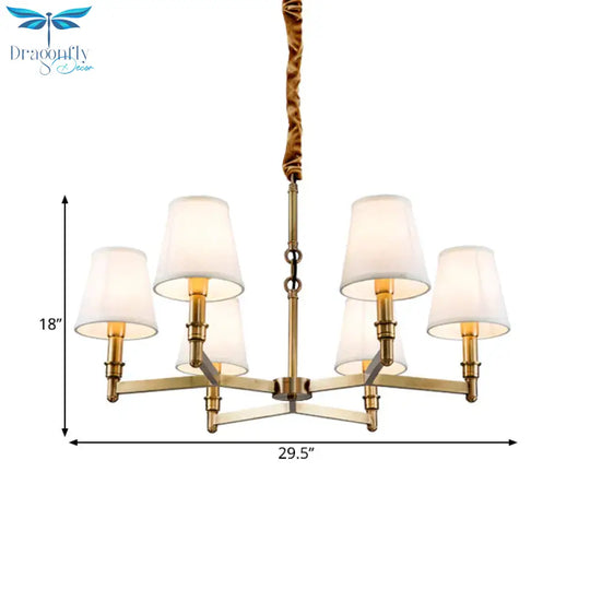 Metal Gold Chandelier Lighting Conical 6/8 - Light Countryside Suspension Pendant With Fabric Shade