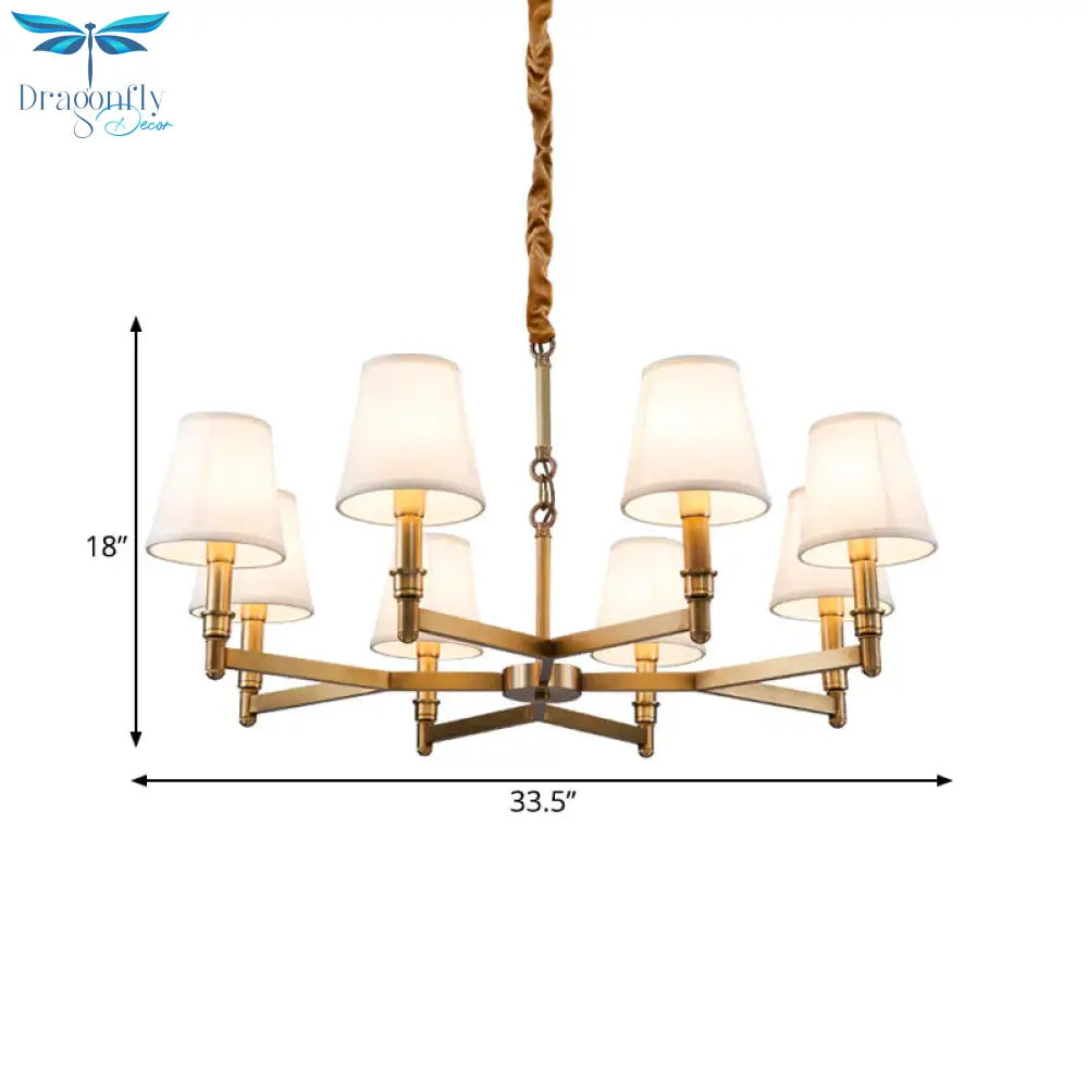 Metal Gold Chandelier Lighting Conical 6/8 - Light Countryside Suspension Pendant With Fabric Shade