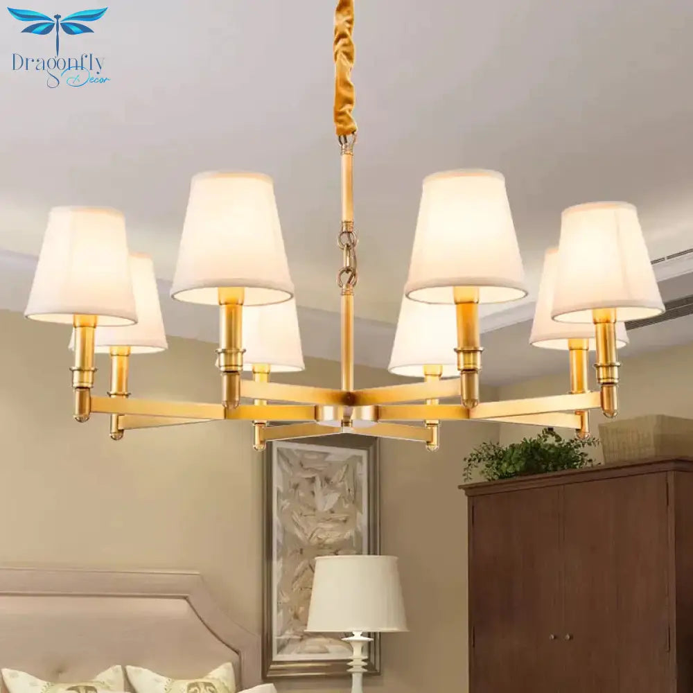 Metal Gold Chandelier Lighting Conical 6/8 - Light Countryside Suspension Pendant With Fabric Shade
