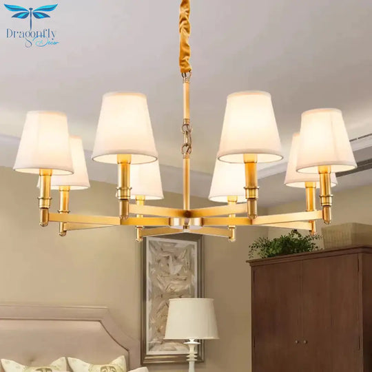Metal Gold Chandelier Lighting Conical 6/8 - Light Countryside Suspension Pendant With Fabric Shade