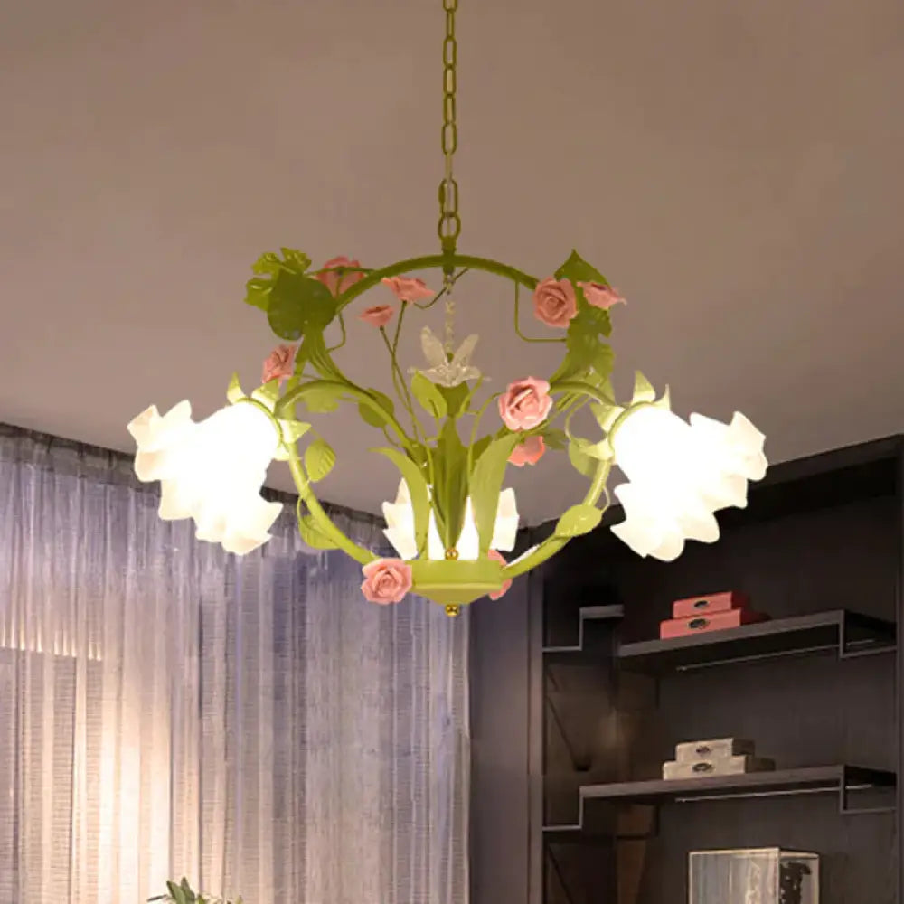 Metal Green Chandelier Lighting Circular 3/6 Heads Country Style Rose Hanging Light Fixture For