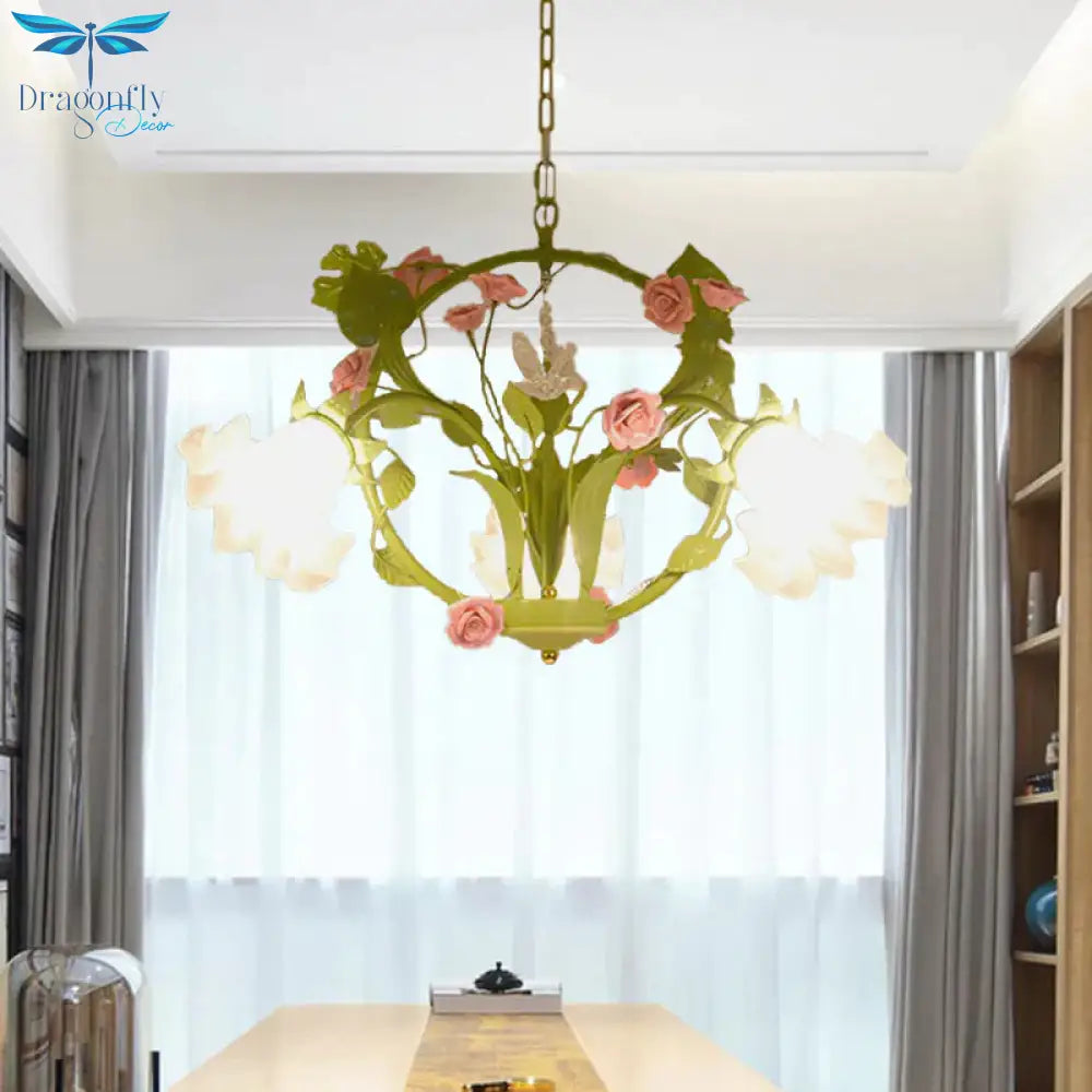 Metal Green Chandelier Lighting Circular 3/6 Heads Country Style Rose Hanging Light Fixture For