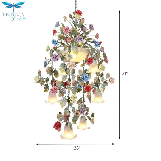 Metal Green Chandelier Lighting Fixture Rose 7/10 Bulbs Korean Garden Led Hanging Ceiling Light For