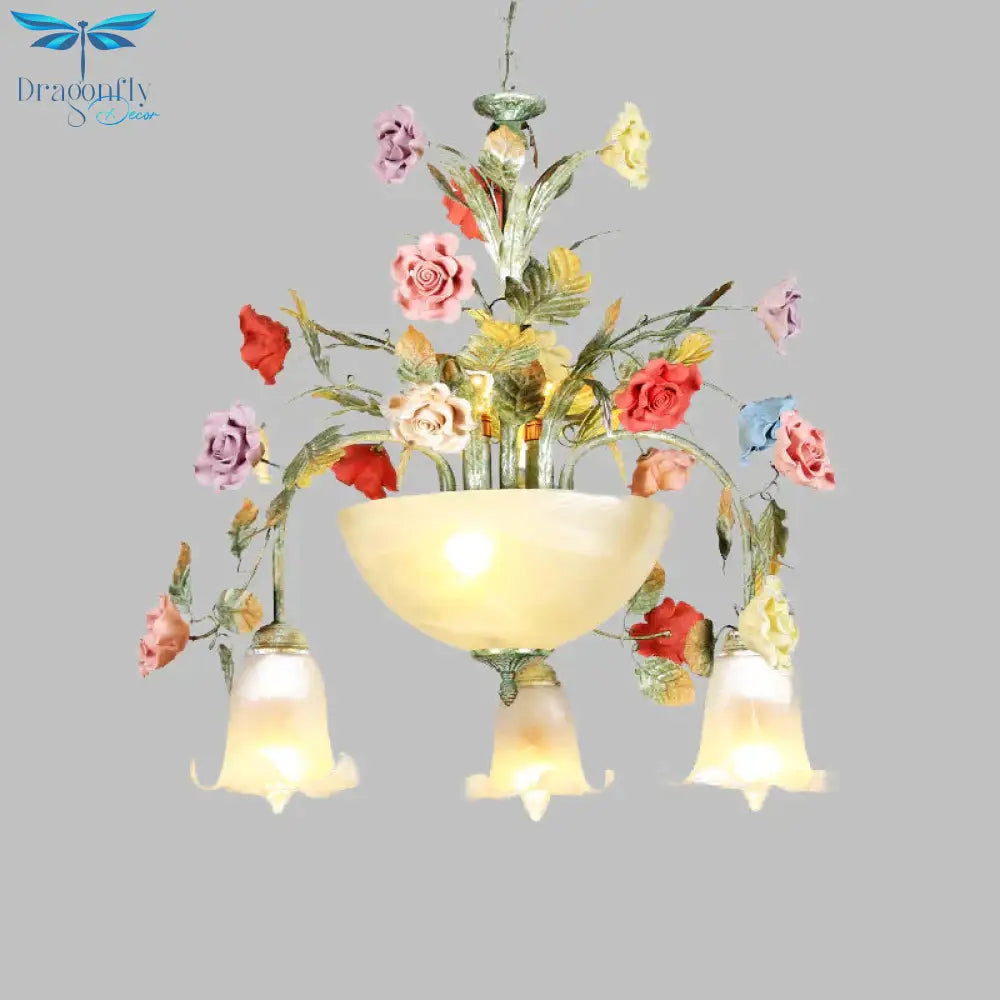 Metal Green Chandelier Lighting Fixture Rose 7/10 Bulbs Korean Garden Led Hanging Ceiling Light For
