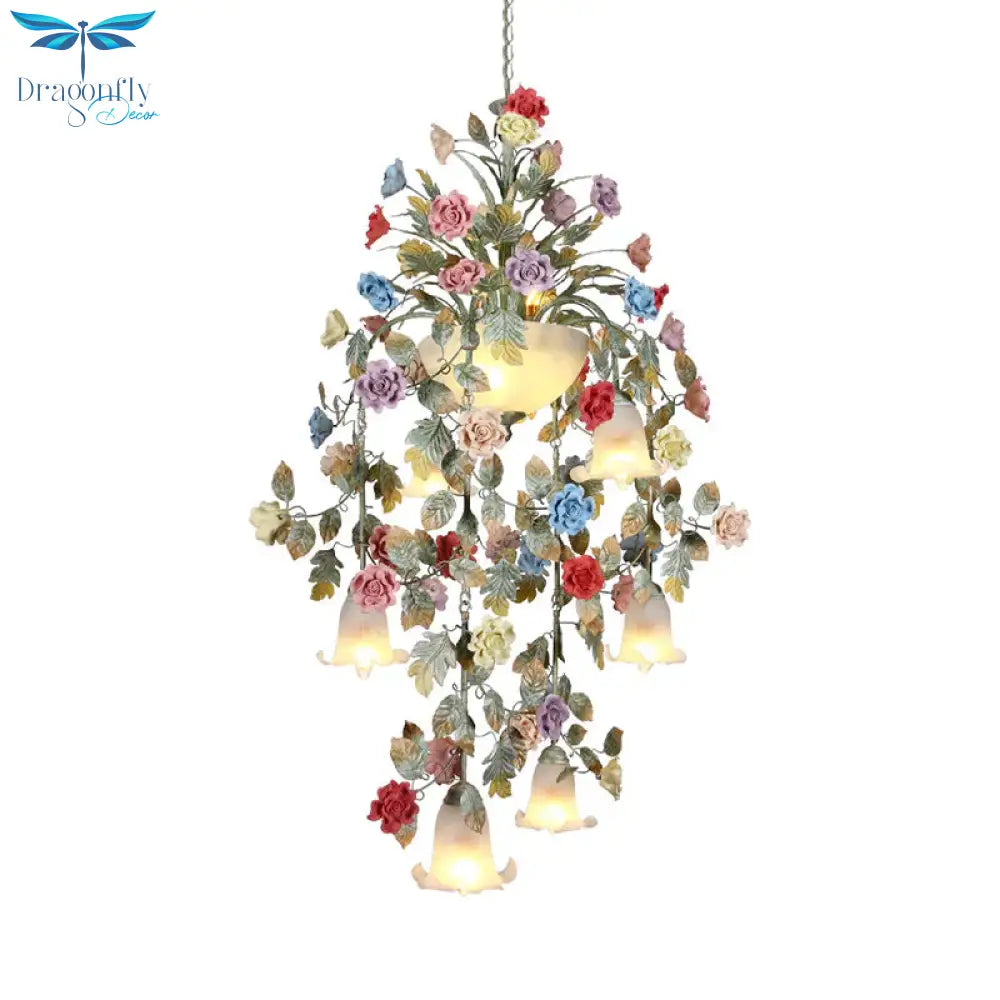 Metal Green Chandelier Lighting Fixture Rose 7/10 Bulbs Korean Garden Led Hanging Ceiling Light For