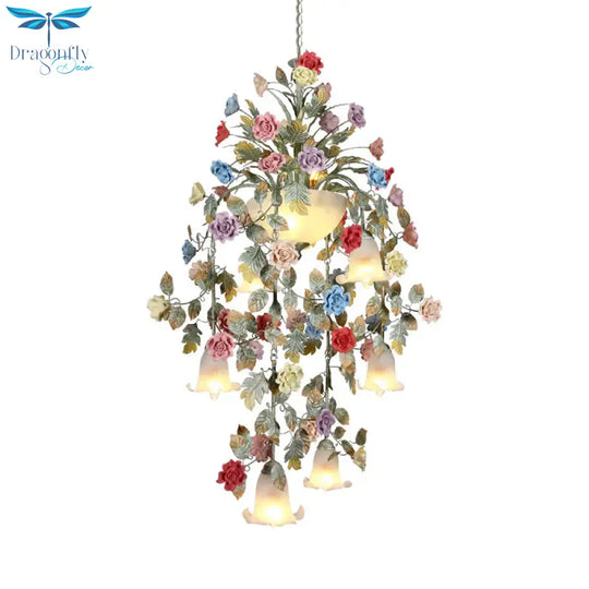 Metal Green Chandelier Lighting Fixture Rose 7/10 Bulbs Korean Garden Led Hanging Ceiling Light For