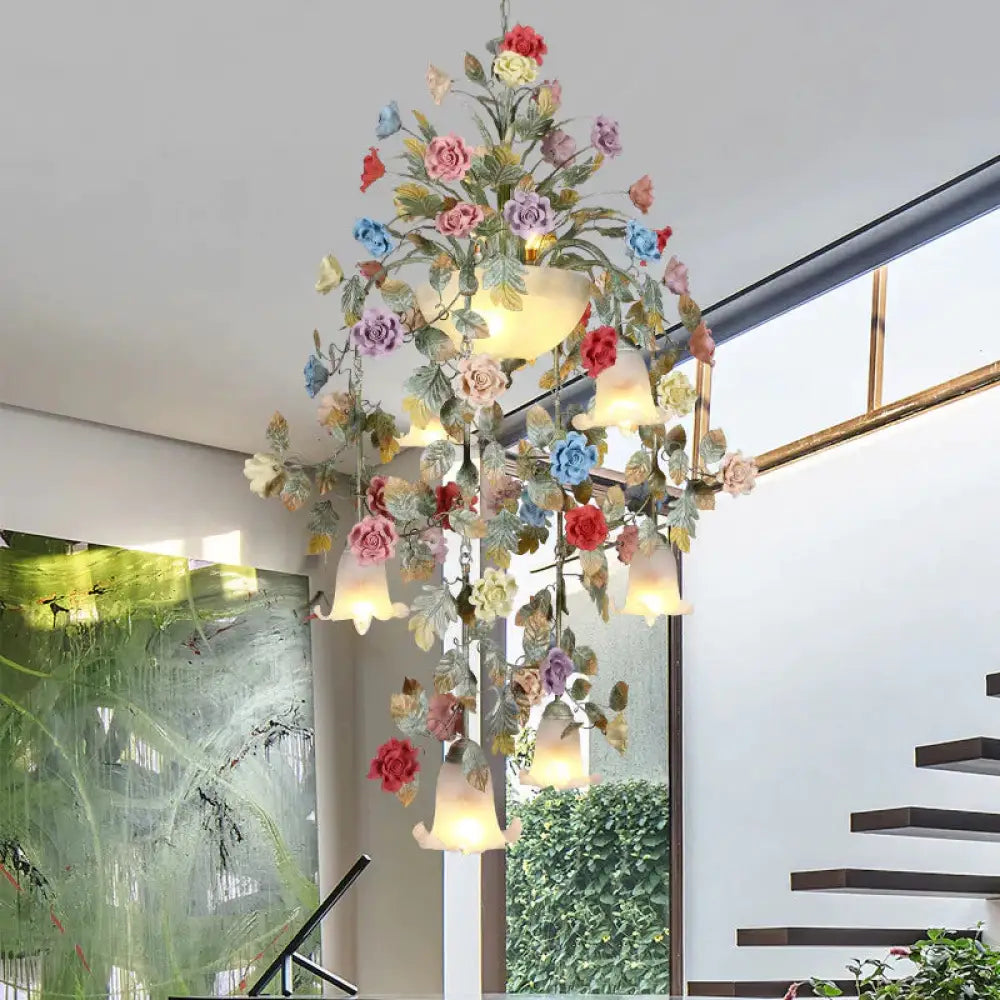 Metal Green Chandelier Lighting Fixture Rose 7/10 Bulbs Korean Garden Led Hanging Ceiling Light For
