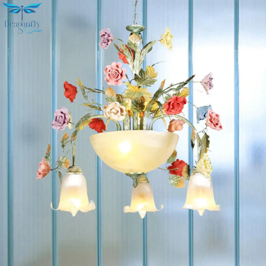 Metal Green Chandelier Lighting Fixture Rose 7/10 Bulbs Korean Garden Led Hanging Ceiling Light For