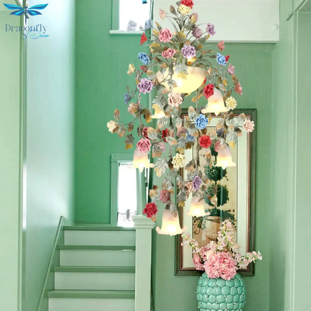 Metal Green Chandelier Lighting Fixture Rose 7/10 Bulbs Korean Garden Led Hanging Ceiling Light For