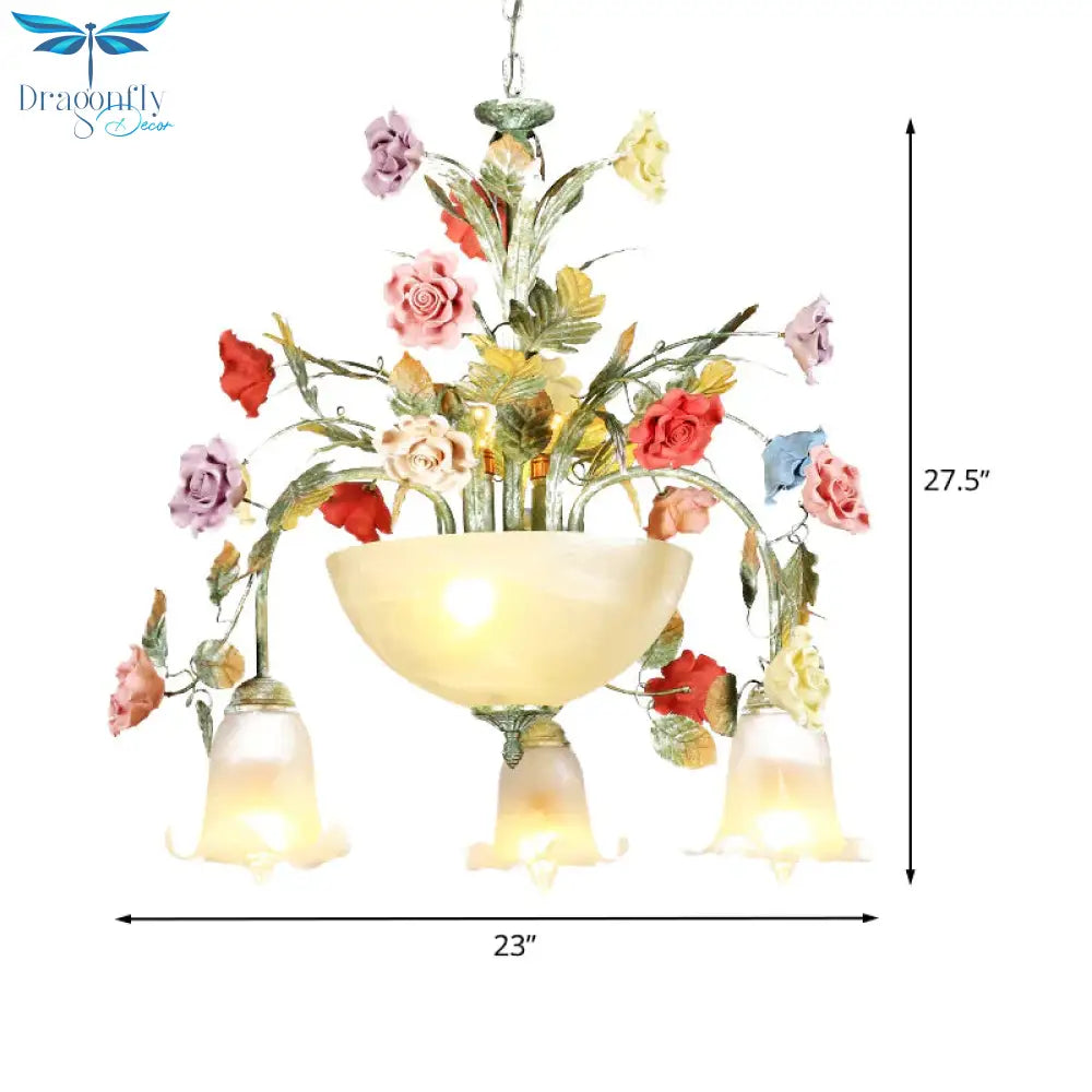 Metal Green Chandelier Lighting Fixture Rose 7/10 Bulbs Korean Garden Led Hanging Ceiling Light For