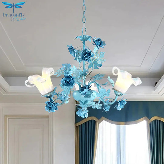 Metal Swooping Arm Suspension Lamp Korean Garden 3/6 Bulbs Bedroom Chandelier With Blue Flower And