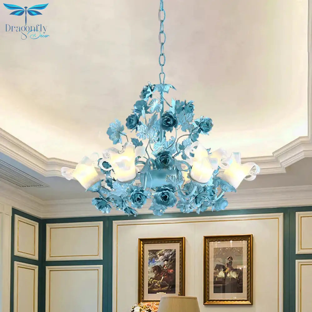 Metal Swooping Arm Suspension Lamp Korean Garden 3/6 Bulbs Bedroom Chandelier With Blue Flower And