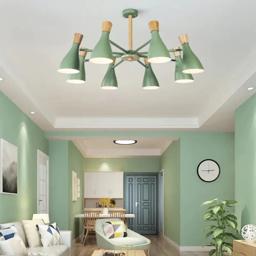 Metal Wooden Horn Shape Hanging Ceiling Lamp 8 Bulbs Chandelier In Green For Living Room