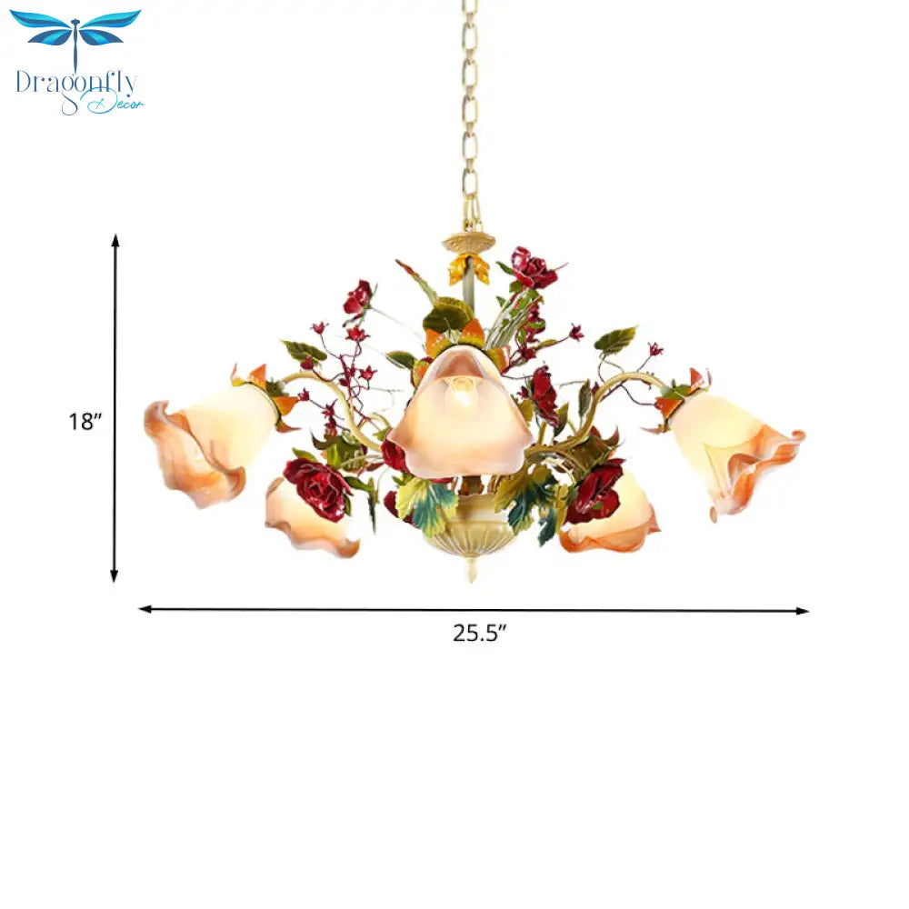 Metal Yellow Chandelier Lighting Fixture Rose 5/8 Bulbs Pastoral Style Led Hanging Ceiling Light