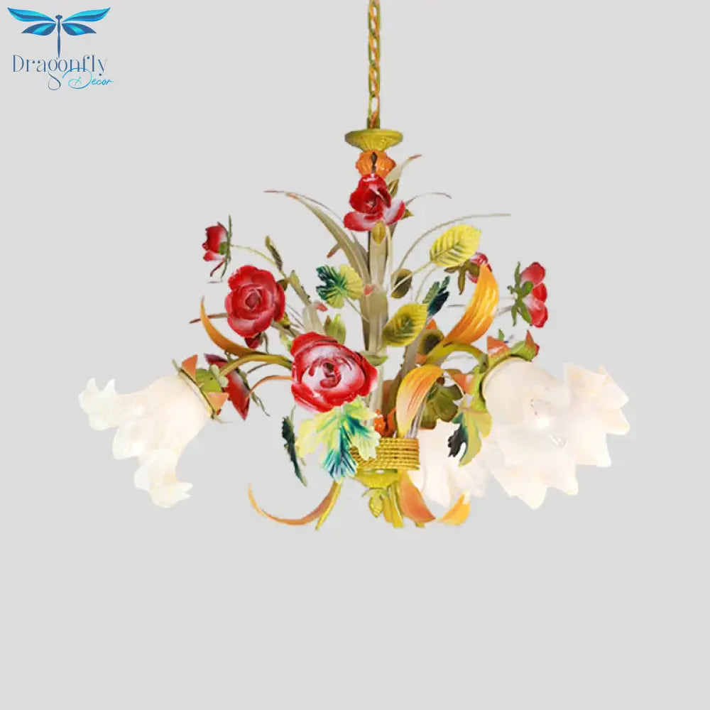 Metal Yellow Chandelier Lighting Flower 3/6/8 Bulbs Vintage Led Hanging Light For Living Room