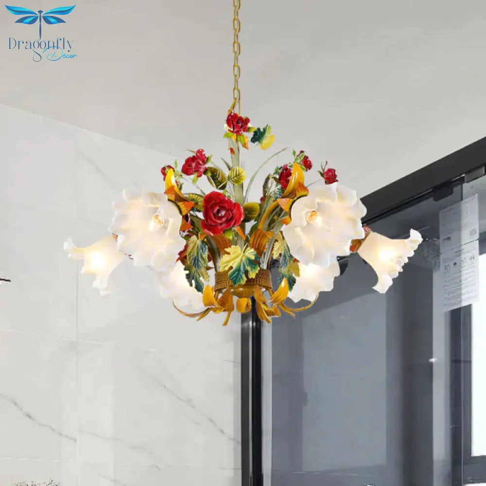 Metal Yellow Chandelier Lighting Flower 3/6/8 Bulbs Vintage Led Hanging Light For Living Room