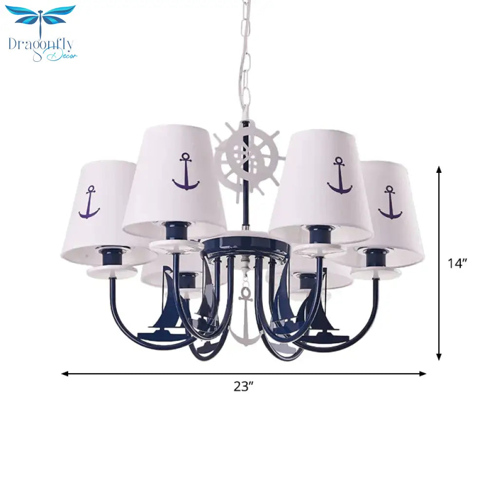 Metallic Arched Arm Pendant Ceiling Light Kids 5/6 Bulbs Blue Hanging Chandelier With Tapered White