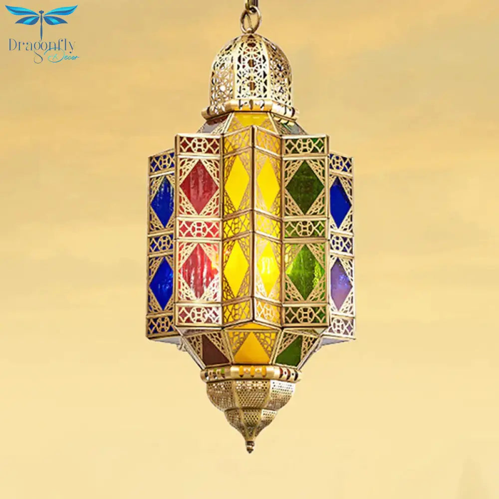 Metallic Brass Chandelier Light Fixture Lantern Shaped 3 Heads Traditional Hanging Pendant For