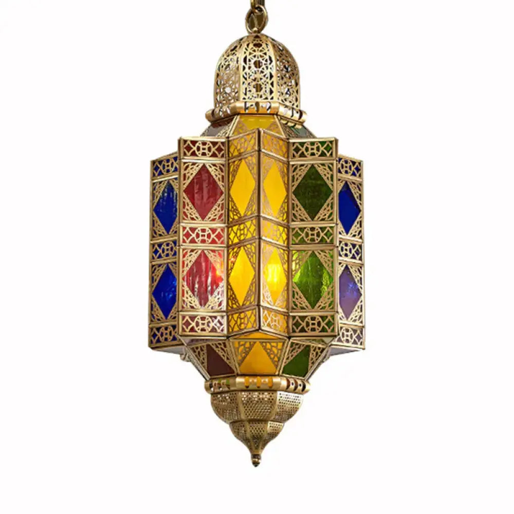 Metallic Brass Chandelier Light Fixture Lantern Shaped 3 Heads Traditional Hanging Pendant For