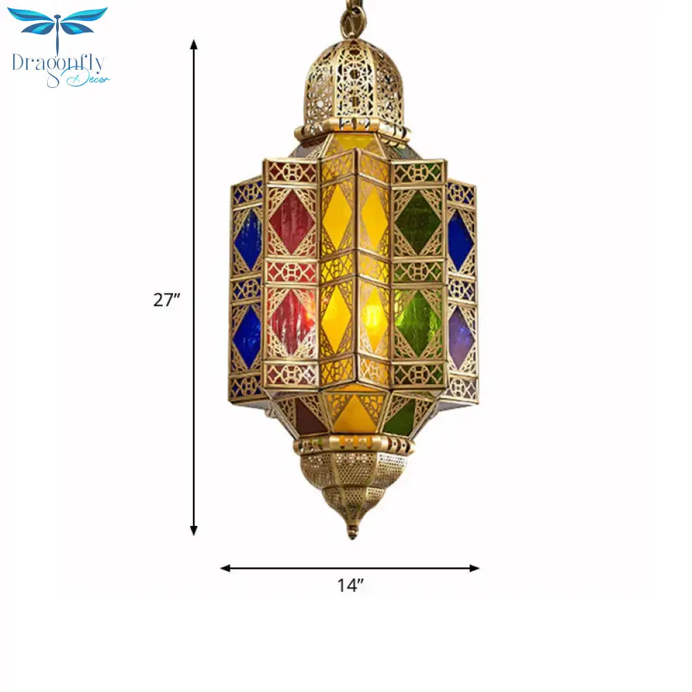 Metallic Brass Chandelier Light Fixture Lantern Shaped 3 Heads Traditional Hanging Pendant For
