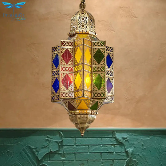 Metallic Brass Chandelier Light Fixture Lantern Shaped 3 Heads Traditional Hanging Pendant For