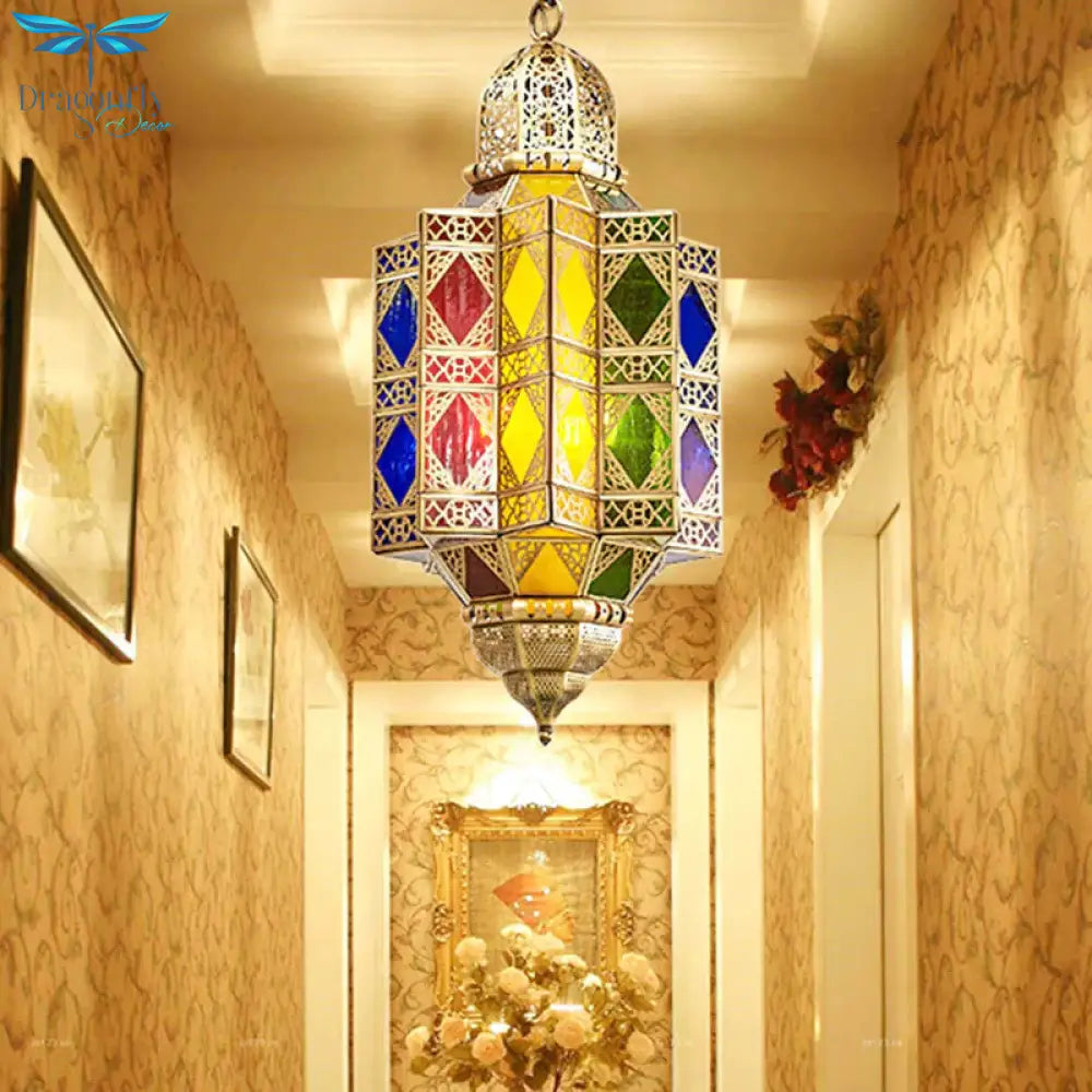 Metallic Brass Chandelier Light Fixture Lantern Shaped 3 Heads Traditional Hanging Pendant For