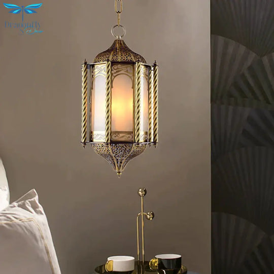 Metallic Brass Pendant Chandelier Lantern 3 Lights Arab Hanging Ceiling Light With Opal Glass Shade