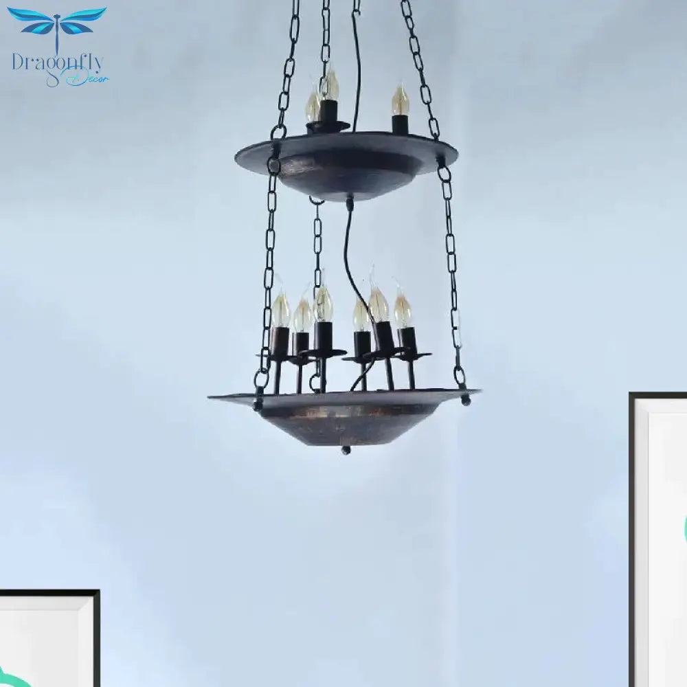 Metallic Candle&Saucer Chandelier Bookstore Cafe Industrial Style Pendant Lamp In Rust