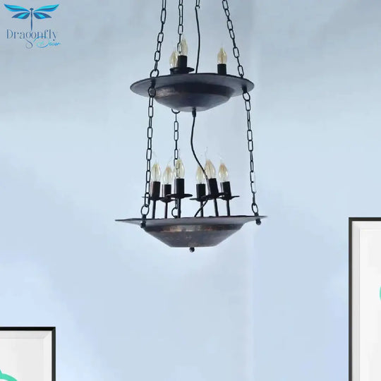 Metallic Candle&Saucer Chandelier Bookstore Cafe Industrial Style Pendant Lamp In Rust