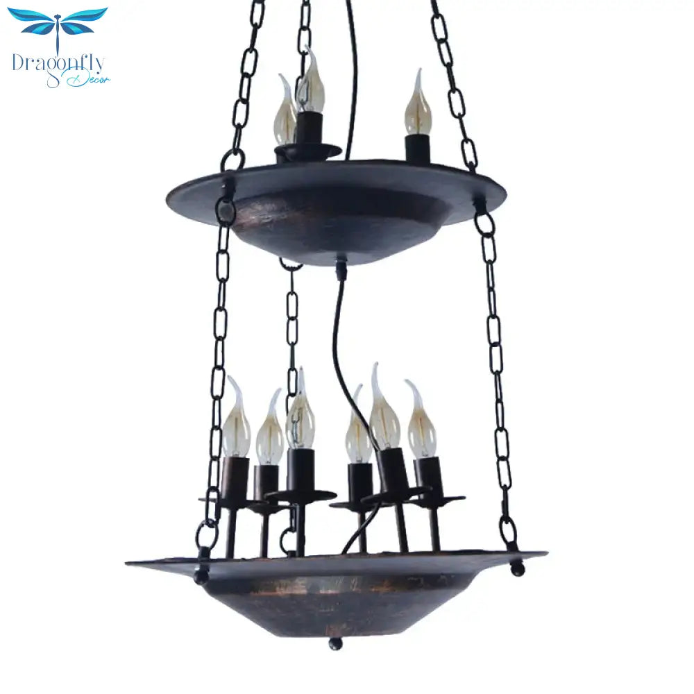 Metallic Candle&Saucer Chandelier Bookstore Cafe Industrial Style Pendant Lamp In Rust