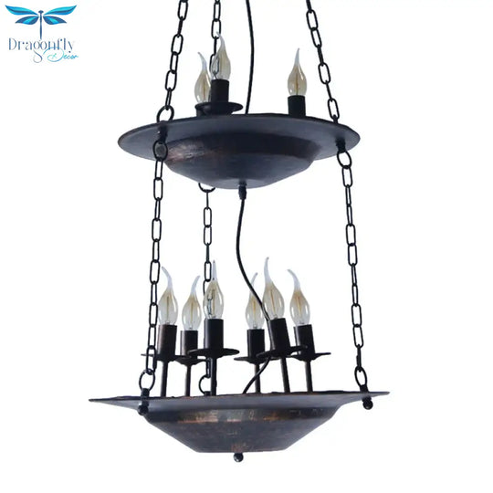 Metallic Candle&Saucer Chandelier Bookstore Cafe Industrial Style Pendant Lamp In Rust