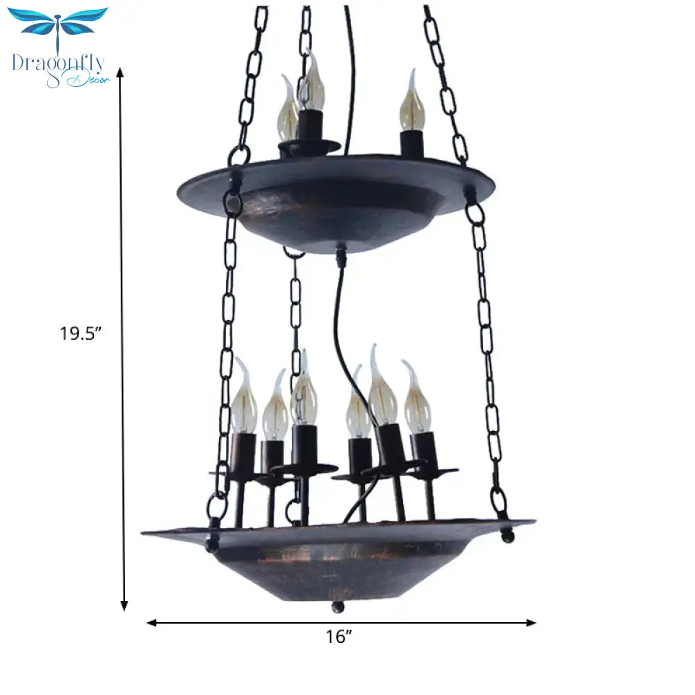 Metallic Candle&Saucer Chandelier Bookstore Cafe Industrial Style Pendant Lamp In Rust