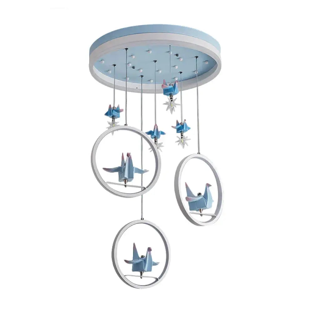 Metallic Circular Hanging Chandelier Kids Led Pendant Light In Blue With Paper Cranes Decor