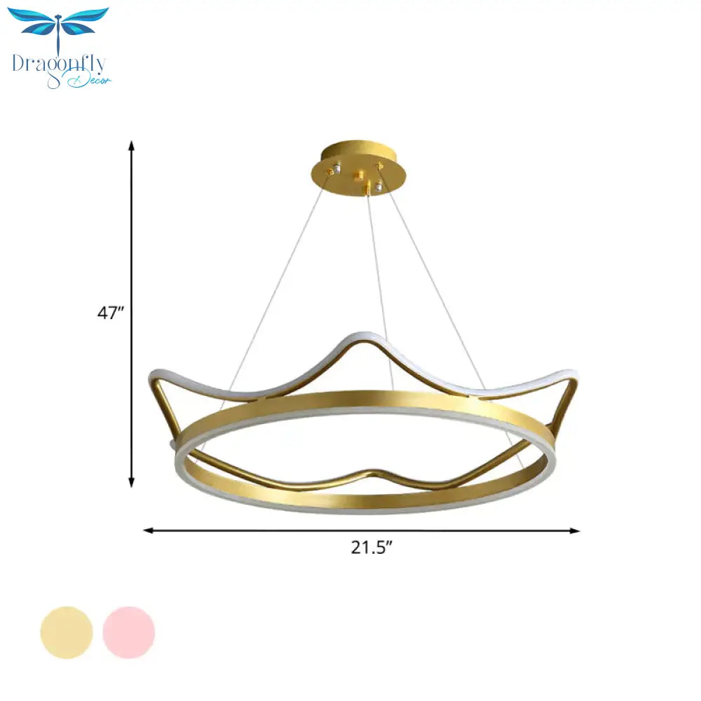 Metallic Crown Shape Suspension Light Nordic Led Pendant Chandelier In Pink/Gold For Kids Bedroom