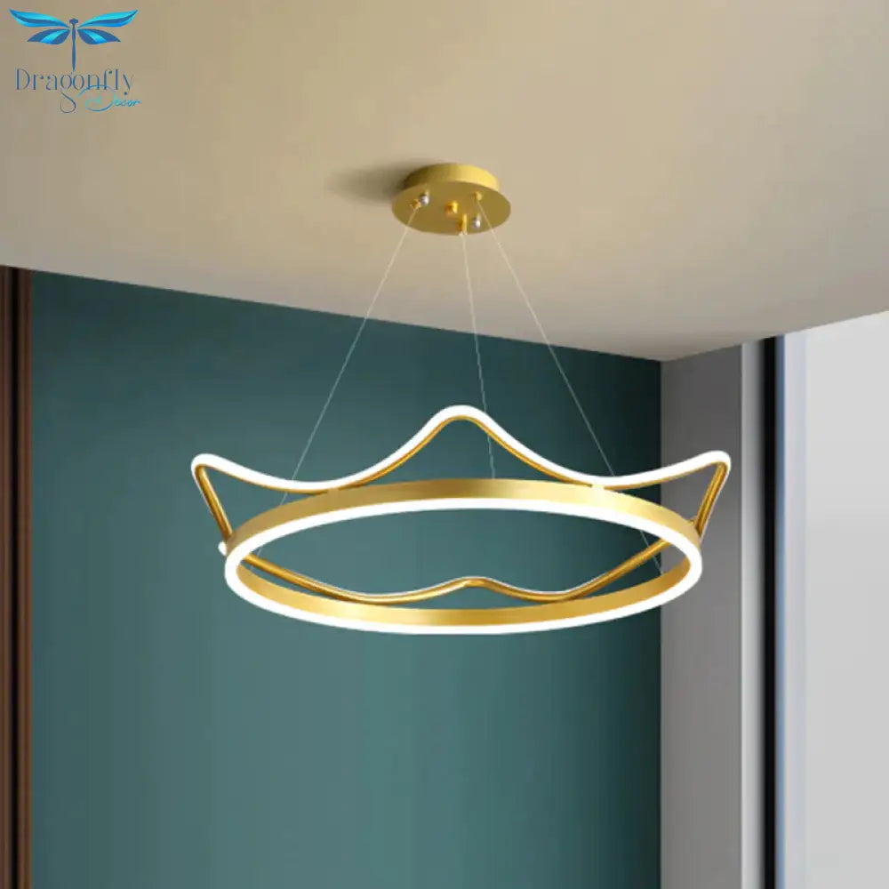 Metallic Crown Shape Suspension Light Nordic Led Pendant Chandelier In Pink/Gold For Kids Bedroom