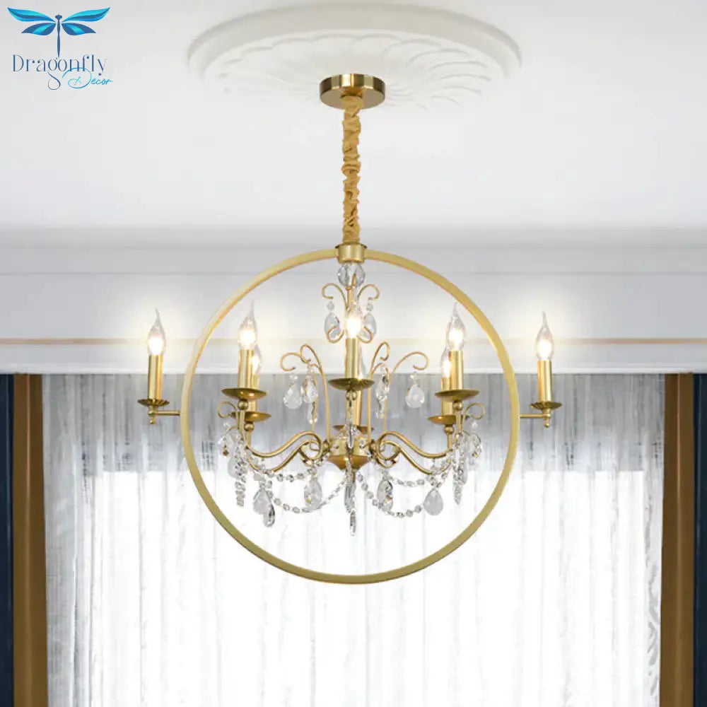 Metallic Golden Ceiling Pendant Circular 6/8 - Head Colonial Style Chandelier Light With Crystal