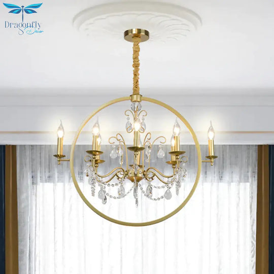 Metallic Golden Ceiling Pendant Circular 6/8 - Head Colonial Style Chandelier Light With Crystal