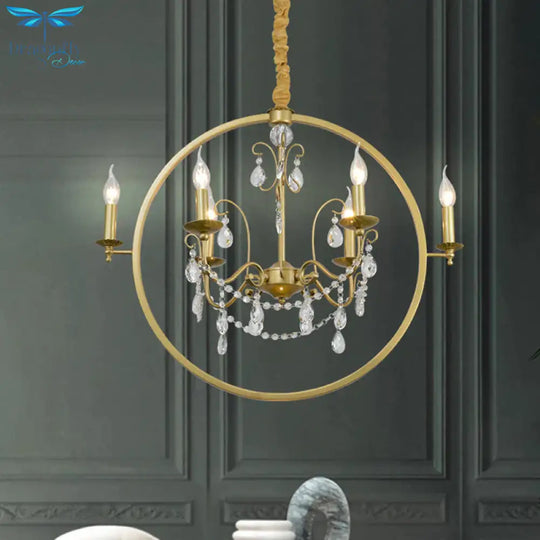 Metallic Golden Ceiling Pendant Circular 6/8 - Head Colonial Style Chandelier Light With Crystal