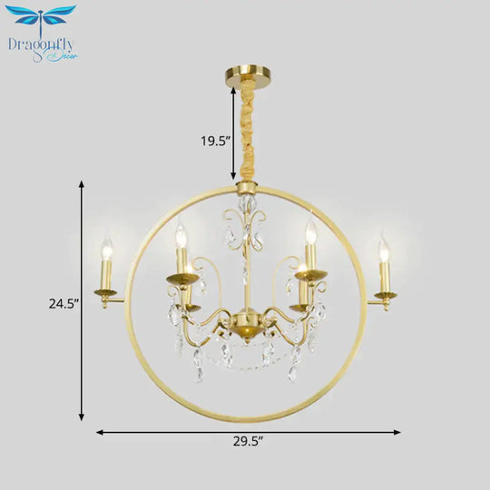 Metallic Golden Ceiling Pendant Circular 6/8 - Head Colonial Style Chandelier Light With Crystal