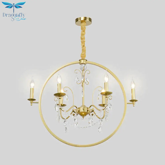 Metallic Golden Ceiling Pendant Circular 6/8 - Head Colonial Style Chandelier Light With Crystal