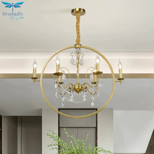 Metallic Golden Ceiling Pendant Circular 6/8 - Head Colonial Style Chandelier Light With Crystal