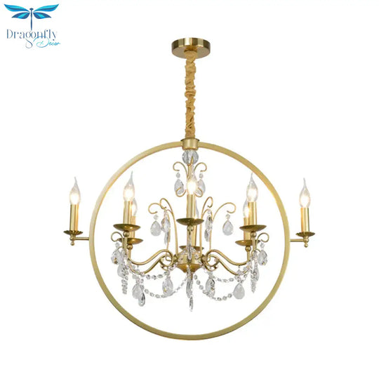 Metallic Golden Ceiling Pendant Circular 6/8 - Head Colonial Style Chandelier Light With Crystal