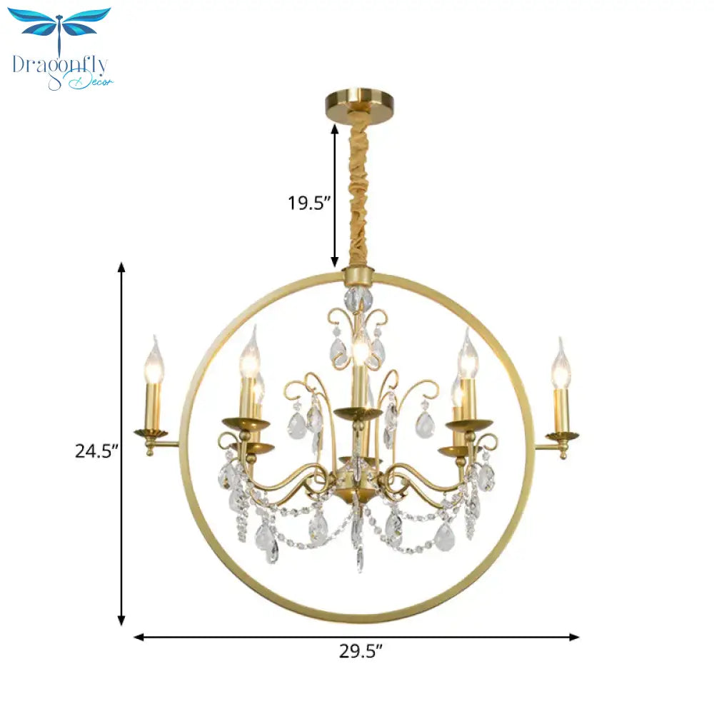 Metallic Golden Ceiling Pendant Circular 6/8 - Head Colonial Style Chandelier Light With Crystal